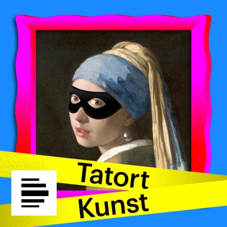 Tatort Kunst: 
Eine Illustration des Bildes „Das Mädchen mit dem Perlenohrring“ von Jan Vermeer, davor gelbes Absperrband auf dem "Tatort Kunst" steht.