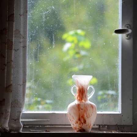Eine Vase steht in einem verlassenen Haus auf der Fensterbank.