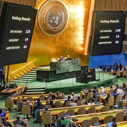 Die Abstimmungsergebnisse einer Resolution werden während einer Vollversammlung der Vereinten Nationen im Saal angezeigt.