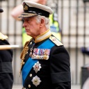 King Charles III, right, arrives at Westminster Abbey on the day of Queen Elizabeth II funeral in central London, Monday, Sept. 19, 2022. The Queen, who died aged 96 on Sept. 8, will be buried at Windsor alongside her late husband, Prince Philip, who died last year. ( James Manning/Pool Photo via AP)