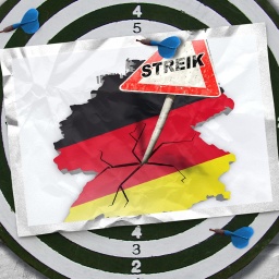 Zu sehen ist eine Umriss-Karte von Deutschland in den Farben Schwarz-Rot-Gold. Darin steckt ein Schild, auf dem Streik steht.