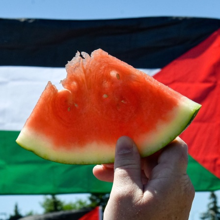 Demonstrant hält eine Wassermelonenscheibe hoch als Zeichen der Solidarität mit den Palästinensern