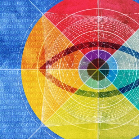 Illustration: Ein Auge im Zentrum eines Netzwerkmusters mit Binärcode unterlegt mit dem Farbenspektrum des Regenbogens.