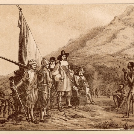 Landung Jan van Riebeecks am Kap, historisierende Darstellung von Charles Davidson Bell um 1850 