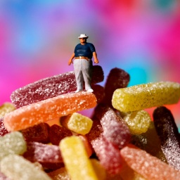 Ein übergewichtiger Mann steht auf einem Berg Süßigkeiten. (Symbolbild Zuckerkonsum)