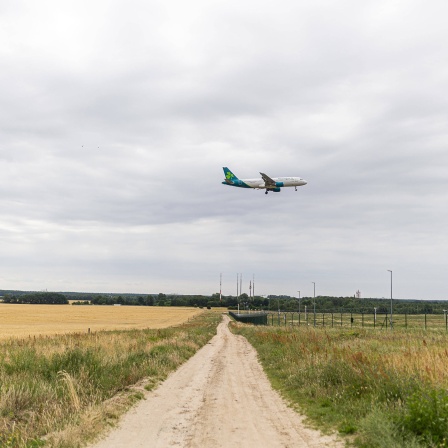 Ein Flugzeug landet am 29. Juni 2023 auf dem Flughafen Berlin Brandenburg