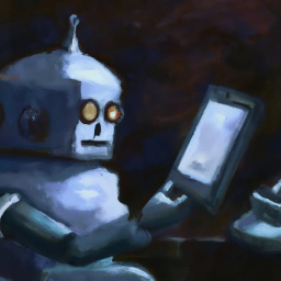 EIne Malerei zeigt einen Roboter mit einem technischen Gerät in der Hand. 