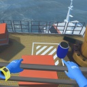 Screenshot aus MARLA, zu sehen sind die virtuellen Bedienhände der spielenden Person und eine Offshore-Plattform