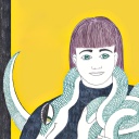 Ein illustriertes Selbstbildnis zeigt Eva Müller, die Zeichnerin der Graphic Novel Scheiblettenkind als junge Frau mit einer Schlange um den Hals.