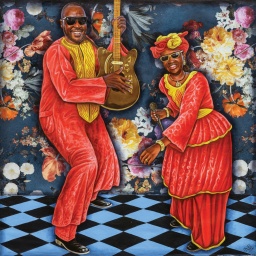 Cover des Albums "La vie est belle" von Amadou & Mariam: Bunte Zeichnung von Amadou und Mariam in gelb-roter Kleidung mit Gitarre und Mikrophon