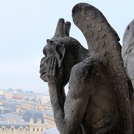 Eine Chimärenfigur an der Fassade von der Kathedrale in Notre-Dame guckt sorgend auf die Stadt.