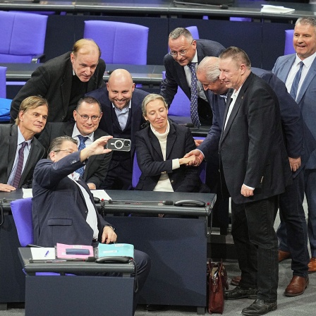 Die Fraktion der AfD feiert im Bundestag das Abstimmungsergebnis im Bundestag für eine Verschärfung der Migrationspolitik. In der Mitte Alice Weidel.