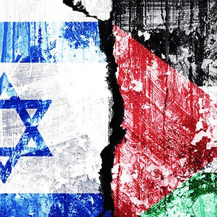 Eine Fotomontage zeigt die israelische und palästinensische Flagge nebeneinander, dazwischen klafft ein Riss.