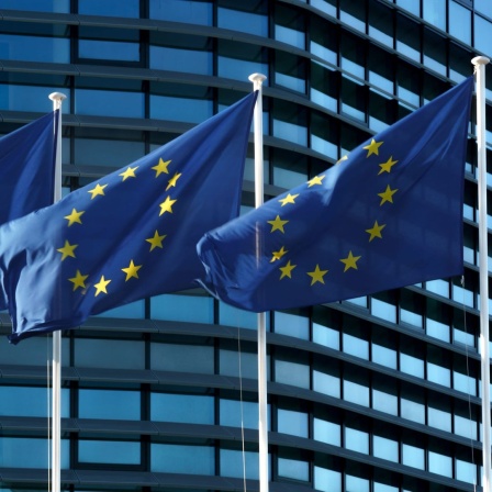 Drei europäische Flaggen stehen nebeneinander und wehen im Wind.
