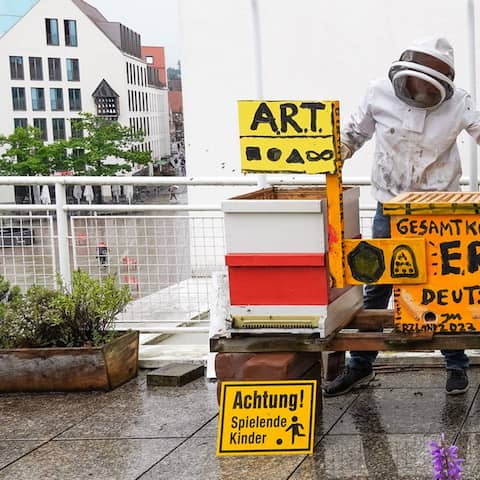 Der von Jonathan Meese bemalte Bienenkasten der dem Stadthaus Ulm gespendet wurde