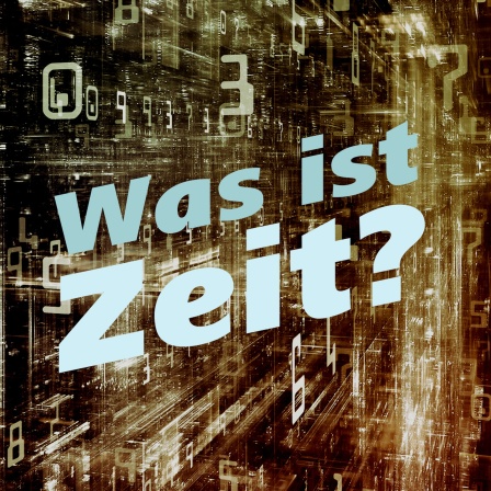 Schrift "Was ist Zeit?" vor abstrakter, dreidimensionaler Struktur, die digitalen Datenfluss symbolisiert.