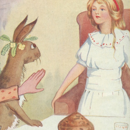 Illustration - Alice sitzt mit dem verrückten Hutmacher und Tieren am Kaffeetisch