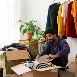 Ein Mann sortiert Kleidung und Gegenstände in einem Wohnraum aus.