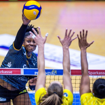 Danielle Harbin vom SC Potsdam kann sich im Spiel gegen SSC Palmberg Schwerin am Netz durchsetzen.