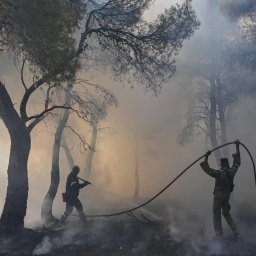 Feuerwehrleute versuchen einen Waldbrand zu löschen am Berg Parnitha bei Athen, Griechenland, 2023.