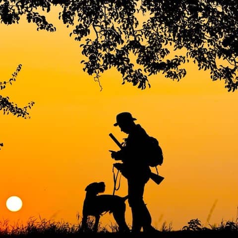Jäger mit Hund im Sonnenuntergang