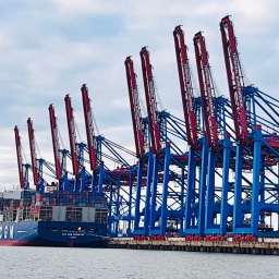 Ein Containerschiff liegt an einem Containerterminal im Hamburger Hafen.