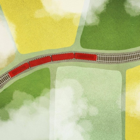Illustration: Die Luftansicht eines roten Zuges, der durch eine grüne Landschaft fährt