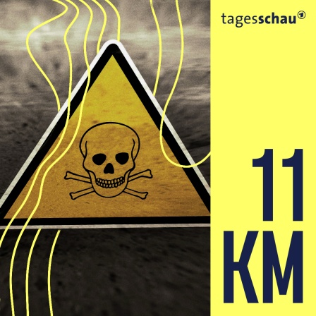 Gelbes Schild mit Gefahrensymbol Totenkopf, giftig, vor abstrakter grauer Endzeitlandschaft. Symbolbild für Umweltverschmutzung.