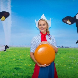Eine Frau, auch bekannt als Frau Antje aus Holland, steht mit einem Käseleib auf einer Weide mit Kühen.