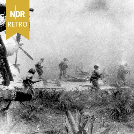 Die Việt Minh 1954 vor einem zerstörten Flugzeug während der Schlacht von Điện Biên Phủ