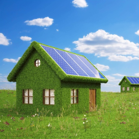 houses from the grass with solar panels on the roof