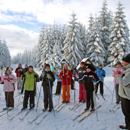 Kinder stehen auf Skiern nebeneinander.