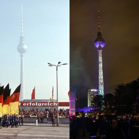 Collage Berlin Fernsehturm 1969/2024: Festumzug zum XX.Jahrestag der DDR am 7.10.1969, Festival of Lights 2024 (Bild: imago images/Werne Schulze // picture alliance/Max Patzig/Geisler-Fotopress)