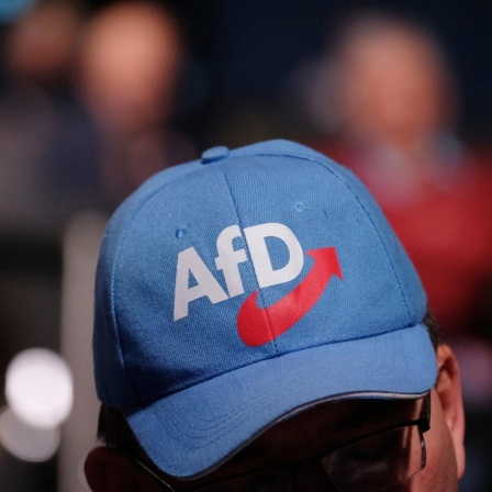 Eine blaue Baseball-Kappe im Trump-Stil mit dem Parteilogo der AfD.