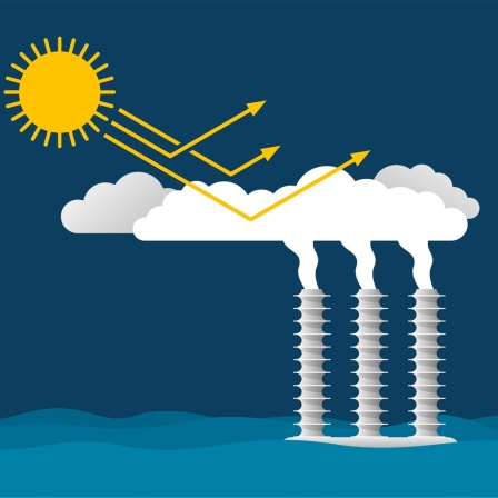 Eine Illustration wie Solar Engineering funktionieren kann. Sonnestrahlen treffen auf Wolken, die die Strahlen reflektieren und so gar nicht erst auf die Erde kommen lassen.