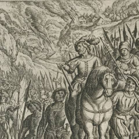 Zug der Helvetier nach Gallien, Kupferstich von Matthaeus Merian d.Ae