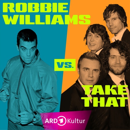 Auf einem farblich geteilten Bild sind links Robbie Williams und rechts die Jungs von Take That im Portrait-Format zu sehen