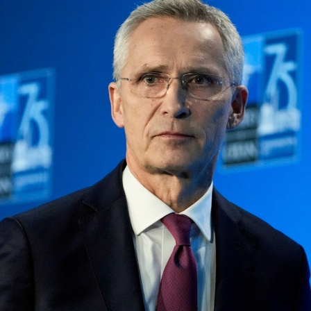 Nato-Generalsekretär Jens Stoltenberg vor der Sitzung des Nato-Ukraine-Rats in Washington (USA).