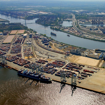 Blick von oben auf das Containerterminal Tollerort im Hamburger Hafen.
