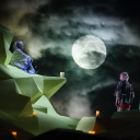 Orit Nahmias als Elinor und Doga Gürer als Greg während der Fotoprobe für das Stück "Blood Moon Blues" im Maxim-Gorki-Theater Berlin. Zu sehen ist in der Mitte der namensgebende Mond. 