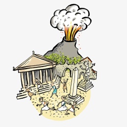 Karikaturhafte Zeichnung zeigt den Untergang Pompejis nach dem Ausbruch des Vesuv