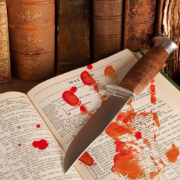 Aufgeschlagenes Macbeth-Drama mit blutverschmierten Seiten und einem Messer auf ihnen. 