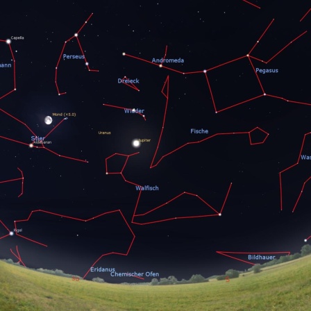 Saturn, Jupiter, der Mond und viele Sterne – Anblick des Himmels am Heiligabend gegen 19 Uhr.
