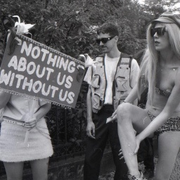 Historische Schwarzweißfotografie. Zu sehen sind drei mutmaßliche SexarbeiterInnen. Eine Person hält ein Schild vor sich, auf dem steht „Nothing About Us Without Us“.