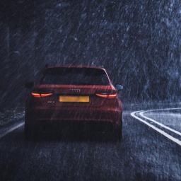 Nachts im Schneeregen auf Rügen: Für Kommissar Plessow endet die Fahrt mit einem tragischen Unfall. Zu sehen: Ein rotes Auto fährt auf einer Landstraße. Es fällt Schneeregen herunter. 