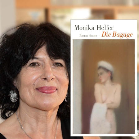 Österreichische Schriftstellerin Monika Helfer 2018 + Buchcover "Die Bagage" © imago/Rudi Gigler + Hanser Verlag
