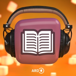 Buch auf lila Würfel mit Kopfhörer vor orangefarbenem Hintergrund