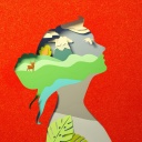 Farbiger Scherenschnitt vom Profil einer Frau in deren Kopf eine Landschaft mit Bergen, Vogel und einem Reh zu sehen ist.
