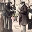 Postkarte "Berliner Typen" mit Blumenverkaäuferin und Zeitungsstand, 1935