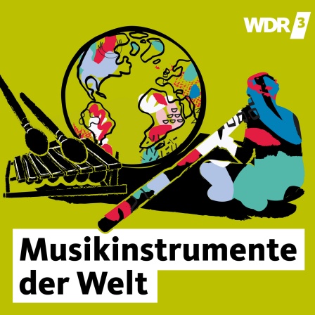 Illustration zu WDR 3 Musikinstrumente der Welt: Ein Mensch und bunte Instrumente.